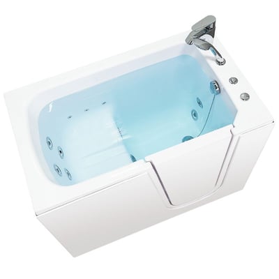 Overhead view of Ella Standard 2848 walk-in tub with hydro jets, side entry door, and chrome faucet filled with water