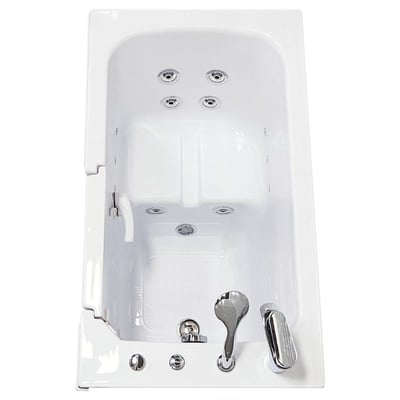 Overhead view of Ella Standard 2848 white walk-in tub interior showing hydro jets, built-in seat, anti-slip floor, and chrome faucet fixtures