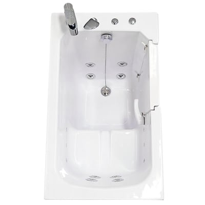 Overhead view of Ella Standard 2848 walk-in tub interior showing hydro jets, anti-slip floor mat, drain, and chrome faucet fixtures