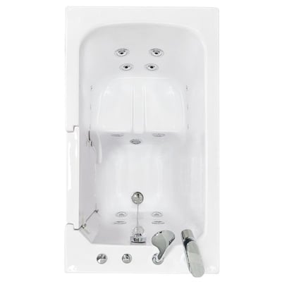 Overhead view of Ella Standard 2848 walk-in tub interior showing hydro jets, molded seat, anti-slip floor, and chrome drain fixtures