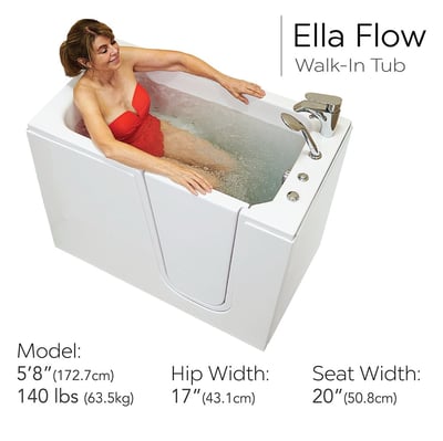 Woman in red swimsuit relaxing in the Ella Flow walk-in tub with hydrotherapy jets and chrome faucet fixtures