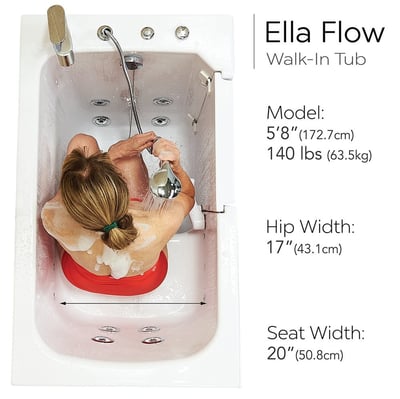 Overhead view of a senior woman using a handheld showerhead while seated in the Ella Flow walk-in tub with hydro jets