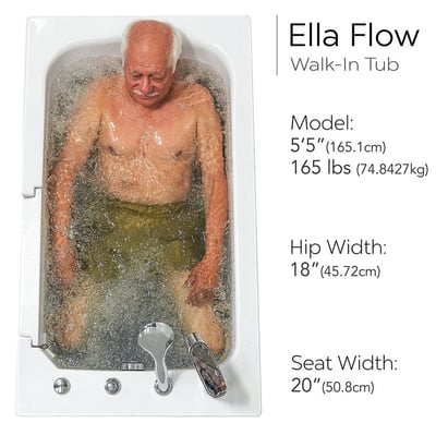 Senior man relaxing in the Ella Flow walk-in tub with hydro jets active - overhead view showing seat and tub dimensions