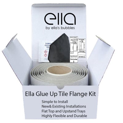 Ella's Bubbles Glue Up Tile Flange Kit open box showing adhesive strip roll, scraper, and installation guide