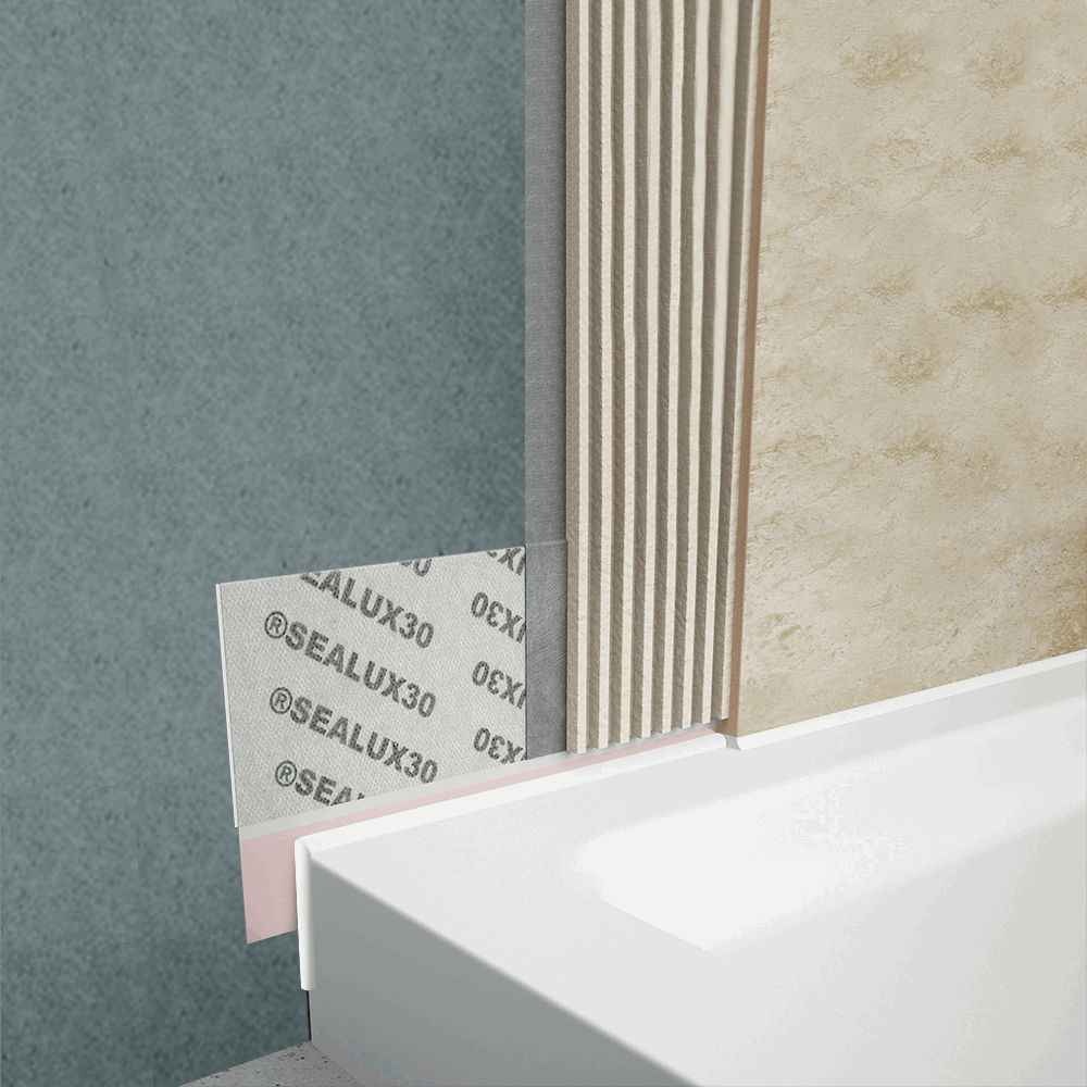 Flexible tile flange strip bonded to the edge of a walk-in tub and overlapped by wall tile