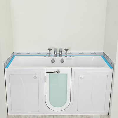 Front view of Ella walk-in tub with frosted glass door, chrome faucet set, and HydroMALT tile flange border
