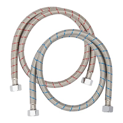 Pair of braided stainless steel hot and cold water supply lines with chrome fittings for walk-in tub installation
