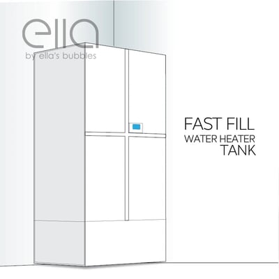 Ella's Bubbles Fast Fill water heater tank illustration showing tall upright unit with blue digital control panel