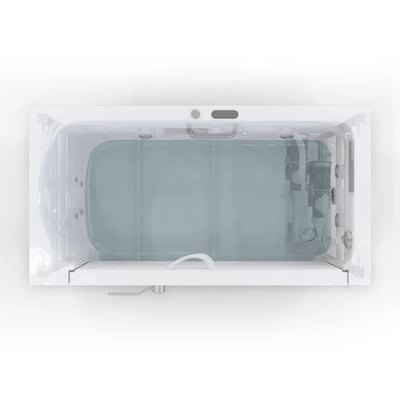 Ella CareAssistXL Accessible Transfer Bathtub 32"x 66" (81x167 cm) - Overhead view of the Ella Tramo walk-in tub interior showing hydro jets, grab bar, and built-in seat with clear water fill