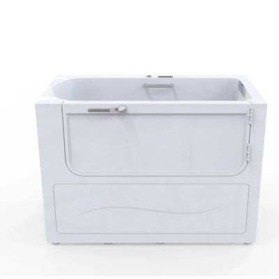 Ella CareAssistXL Accessible Transfer Bathtub 32"x 66" (81x167 cm) - Front view of the Ella Tramo walk-in tub with outward-swing door, chrome handle, and interior grab bar on white background