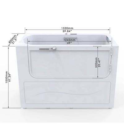 Ella CareAssistXL Accessible Transfer Bathtub 32"x 66" (81x167 cm) - Ella Tramo walk-in tub dimension diagram showing 59.84 inches wide by 41.34 inches tall with side door entry