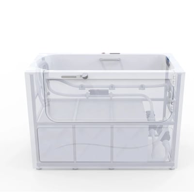 Ella CareAssistXL Accessible Transfer Bathtub 32"x 66" (81x167 cm) - Transparent cutaway view of the Ella Tramo walk-in tub revealing interior jet plumbing, grab bars, and hinged door mechanism