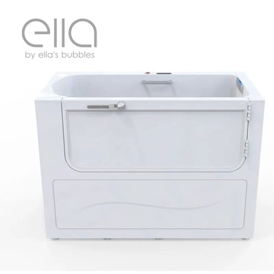 Ella Tramo Transfer Assisted walk-in tub with wide outward-swing door, grab bar, and low-step entry on white background