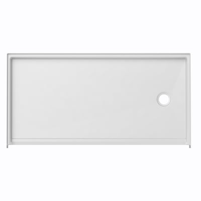 White acrylic roll-in wheelchair accessible shower base with right-side drain and barrier-free zero-threshold entry