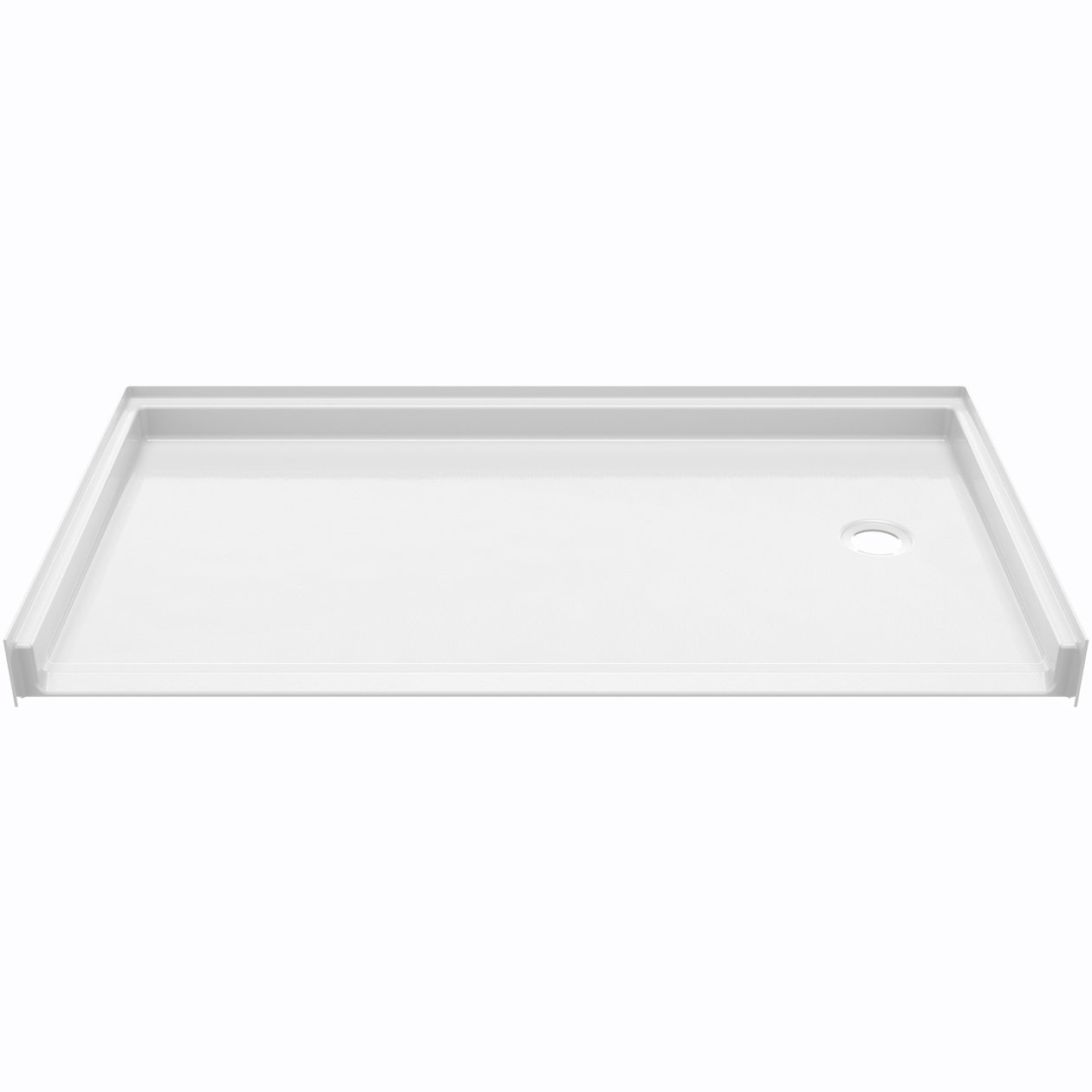 Roll-in Wheelchair Accessible Shower Bases White roll-in wheelchair accessible shower base with right-side drain and low-threshold barrier-free entry