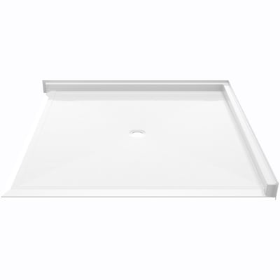 White roll-in shower base with center drain and barrier-free low-threshold entry designed for wheelchair accessibility