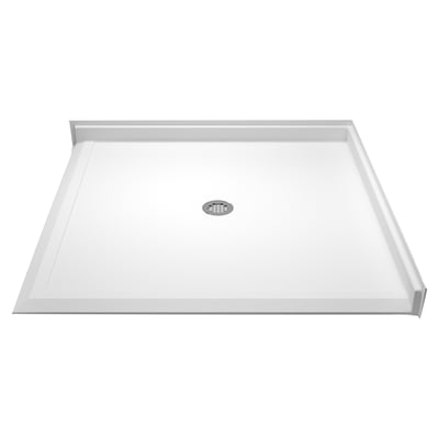 White ADA compliant roll-in shower base with center drain and barrier-free low-threshold entry for wheelchair access