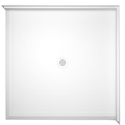 Ella Roll-in ADA Compliant Shower Base 50x50 - Center Drain - Top-down view of a white roll-in wheelchair accessible shower base with center drain and barrier-free low-threshold entry