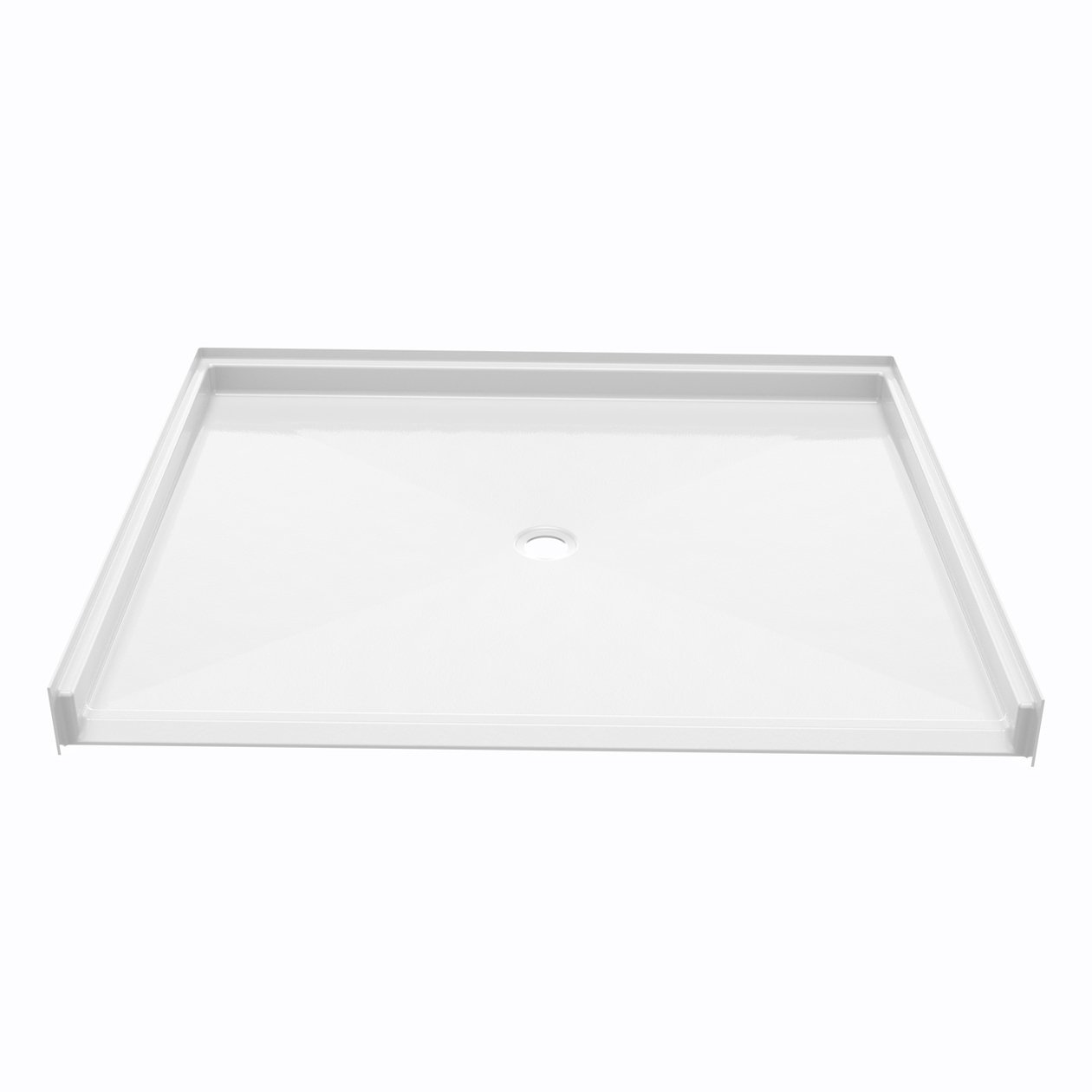 Roll-in Wheelchair Accessible Shower Bases White acrylic roll-in wheelchair accessible shower base with center drain and low-threshold entry for barrier-free bathing