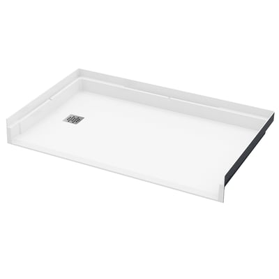 White acrylic roll-in wheelchair accessible shower base with left corner drain and barrier-free low threshold entry