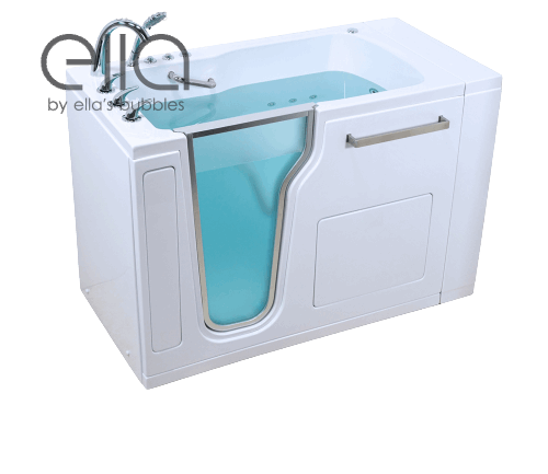 Ella Ultra walk-in tub with inward swing door, stainless steel handle, hydrotherapy jets, and teal interior on white background