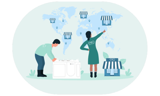 Ella's Bubbles dealer network illustration showing two people examining a walk-in tub beside a world map with retail store locations