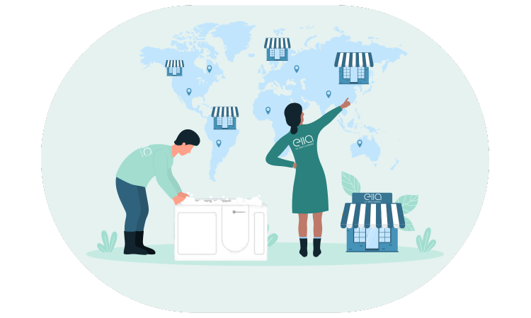 accueil Ella's Bubbles dealer network illustration showing two people examining a walk-in tub beside a world map with retail store locations