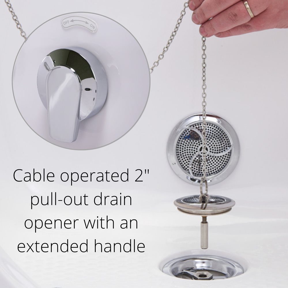 Hand pulling chrome chain on a walk-in tub cable-operated 2-inch pull-out drain opener with extended handle and knob inset