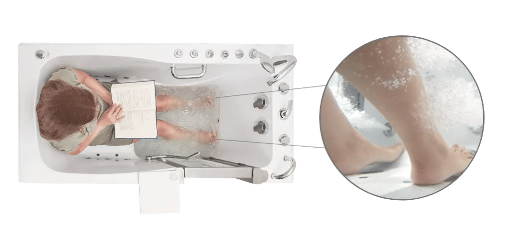 stainless-steel-inward-swing-door-walk-in-tubs.png-1024x475 Overhead view of person reading a book in an Ella walk-in tub with air jet bubbles massaging their feet and legs