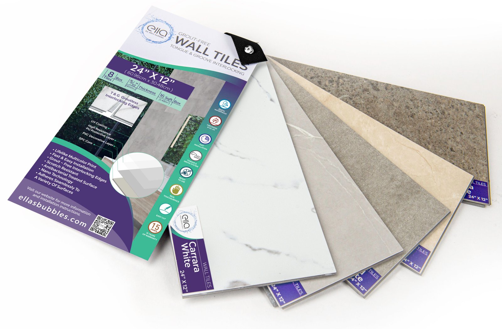 Ella's Bubbles grout-free wall tile color samples fanned out showing Carrara White and gray stone finishes in 24x12 inch panels
