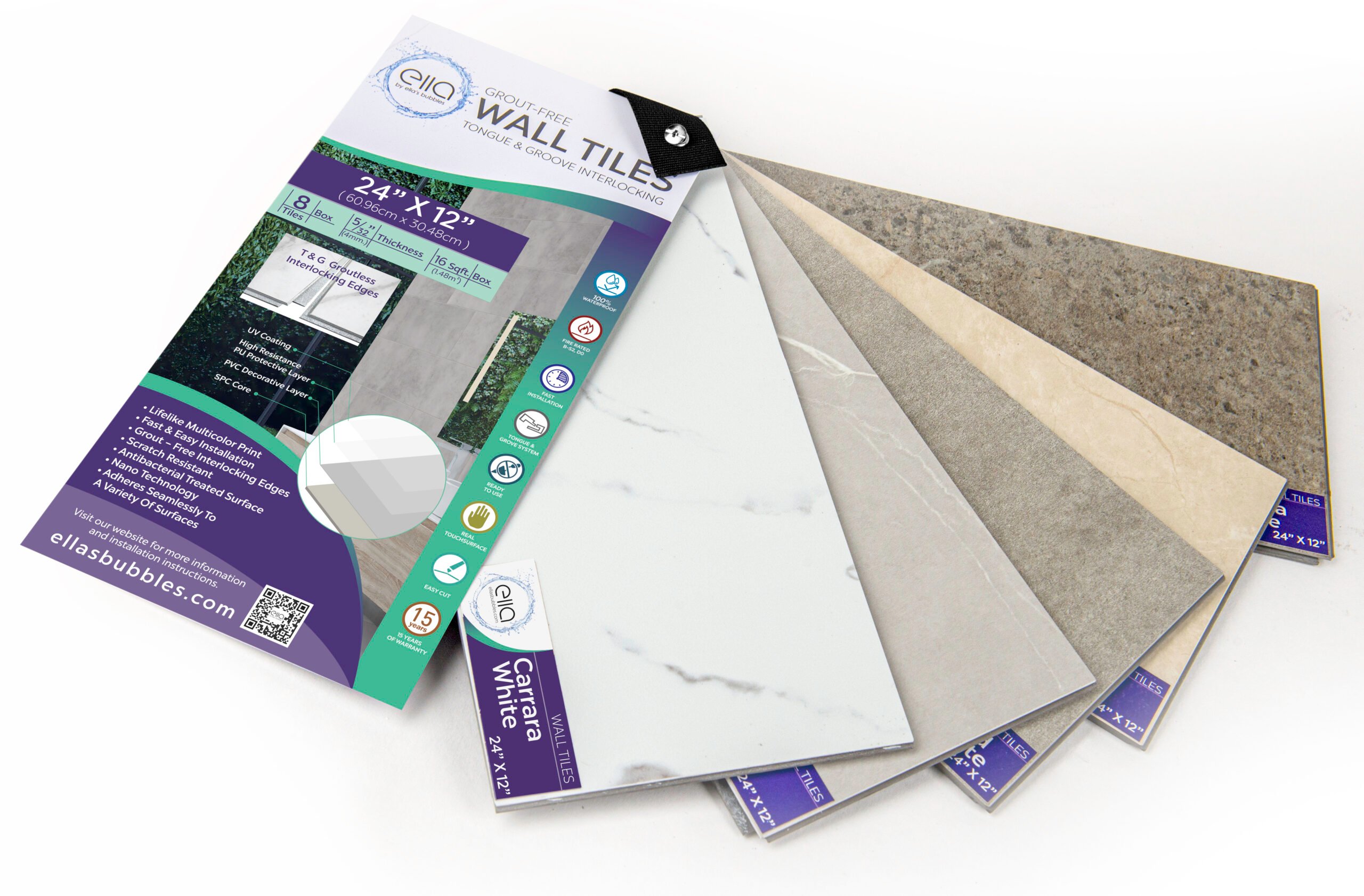 Color-Samples-resellers Ella's Bubbles grout-free wall tile color samples fanned out showing Carrara White and gray stone finishes in 24x12 inch panels