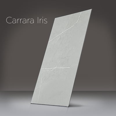 Ella T&G Grout-Free 12" x 24" Shower Wall Tile - Carrara Iris shower wall panel in light gray marble finish with white veining for accessible showers