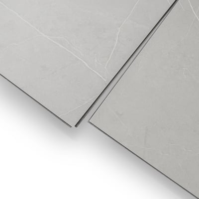 Ella T&G Grout-Free 12" x 24" Shower Wall Tile - Close-up of two gray Carrara Iris grout-free wall tile panels with subtle marble veining for accessible shower stalls