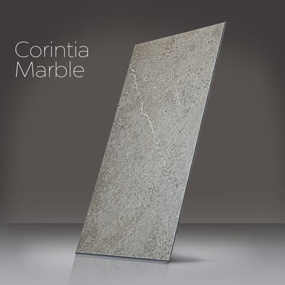 Ella T&G Grout-Free 12" x 24" Shower Wall Tile - Corintia Marble shower wall panel with gray stone texture and natural veining for accessible showers