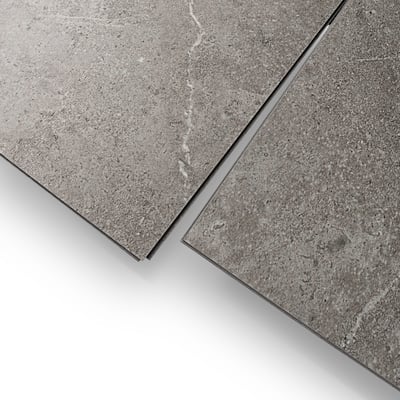 Ella T&G Grout-Free 12" x 24" Shower Wall Tile - Close-up of two gray Corintia marble-look wall tiles with subtle veining for grout-free accessible shower walls