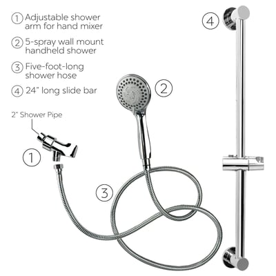 Kit 4 pièces : bras de douche à main et fixation coulissante 24” - Schéma légendé d’un kit de douchette à main chromé : bras réglable, pommeau 5 jets, flexible de 5 pieds et barre de douche de 24 pouces