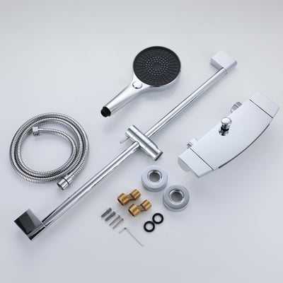 Chrome walk-in tub or shower handheld showerhead kit with slide bar, flexible hose, faucet, and hardware accessories laid flat