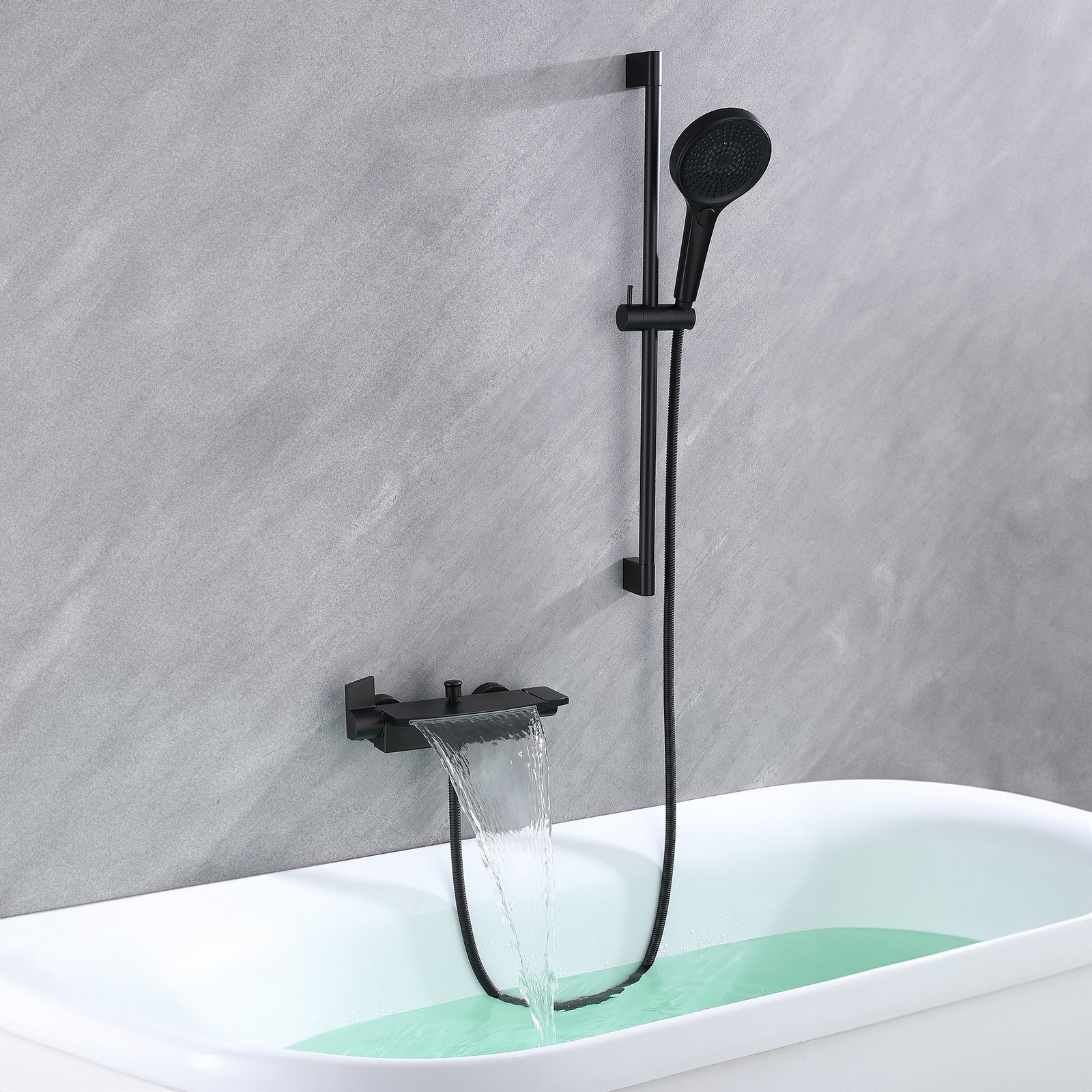 Matte black waterfall tub filler faucet with adjustable handheld shower slide bar filling a walk-in tub with water
