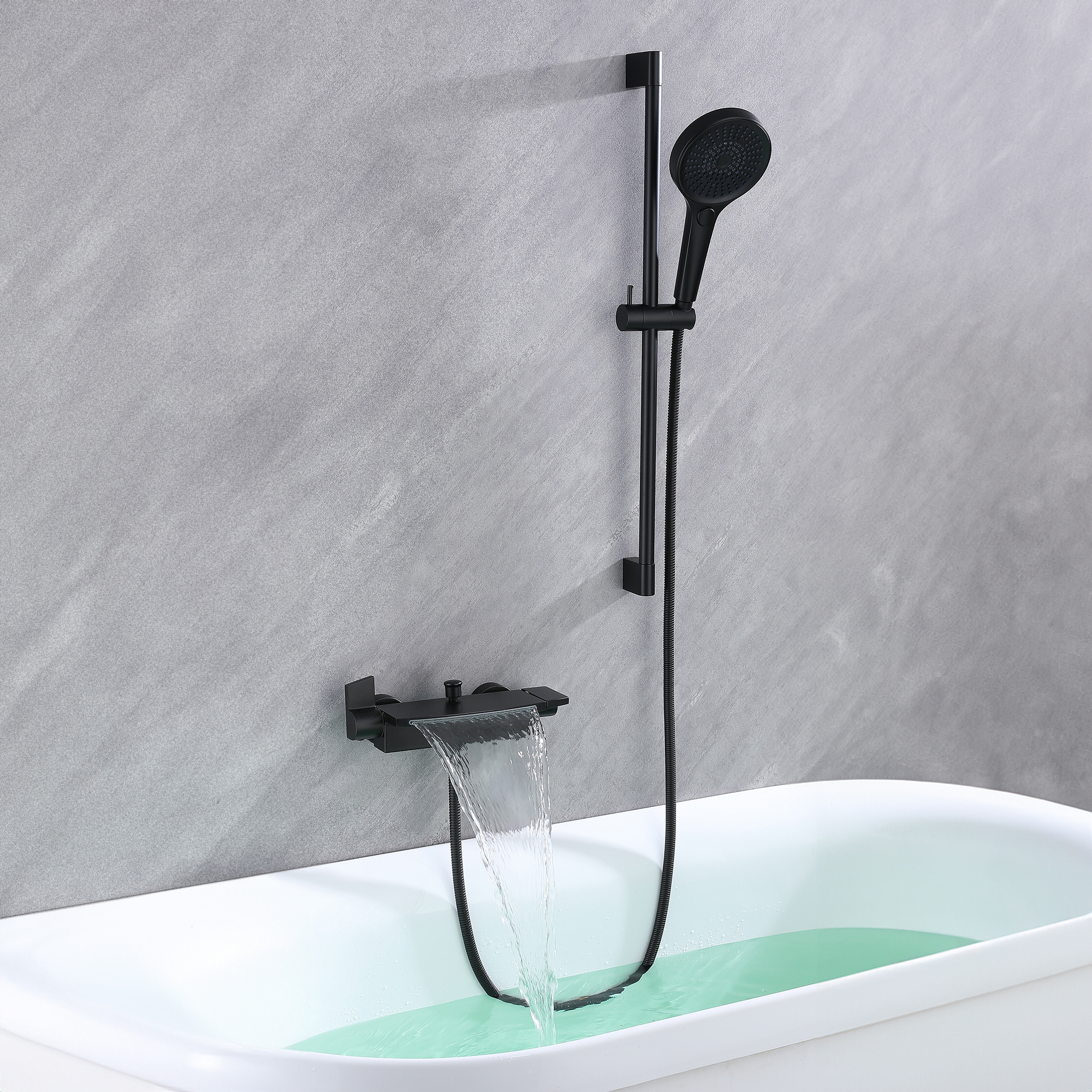 DT9A6079 Matte black waterfall tub filler faucet with adjustable handheld shower slide bar filling a walk-in tub with water