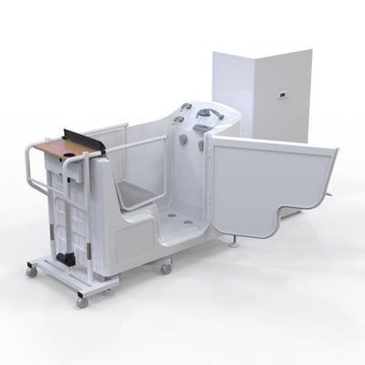 Ella walk-in tub with open door, transfer hoist system, overbed tray table, and fast-fill tank on white background