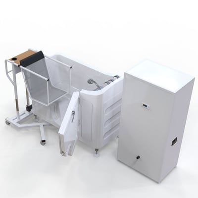 Ella walk-in tub with patient hoist lift, transfer chair, open door, and fast-fill water tank unit on white background