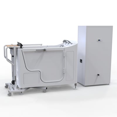 Ella walk-in tub with hoist transfer system, grab bars, side entry door, and fast-fill water tank unit