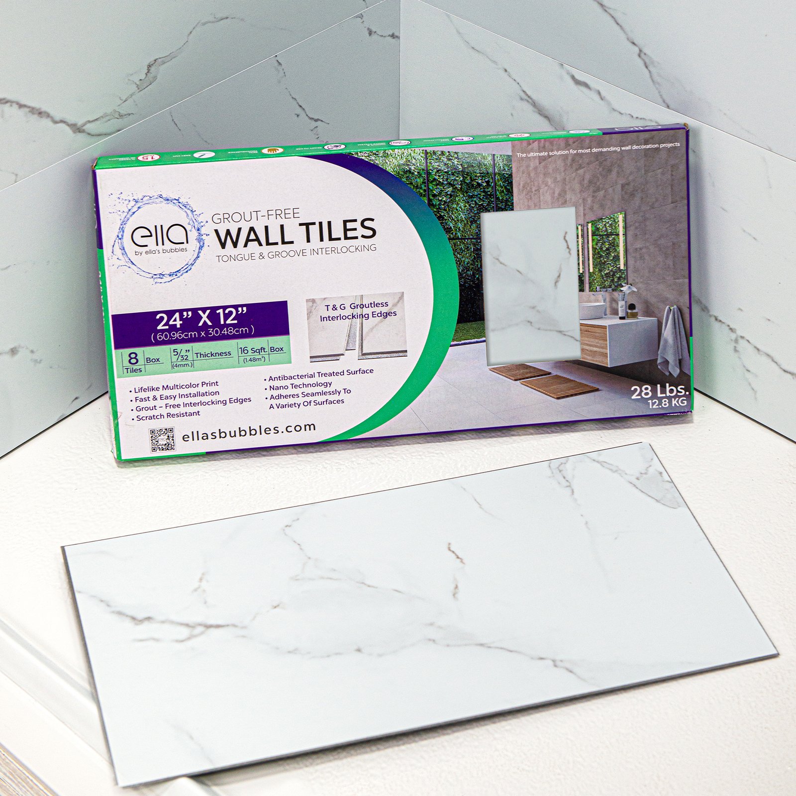 Ella's Bubbles grout-free wall tiles box with a 24x12 inch Carrara white marble sample tile displayed in front