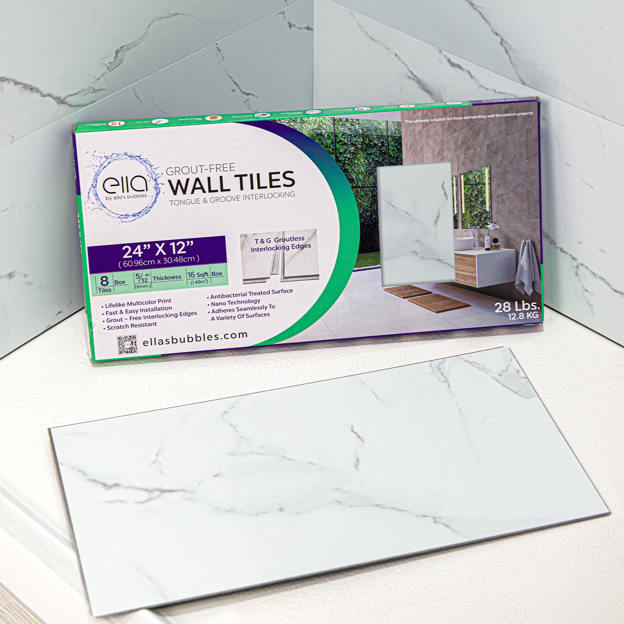 carrara-white-box-tile Ella's Bubbles grout-free wall tiles box with a 24x12 inch Carrara white marble sample tile displayed in front