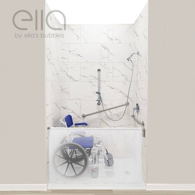 Ella's Bubbles wheelchair-accessible roll-in shower stall with stainless steel grab bars, handheld showerhead, and shower wheelchair