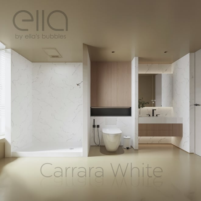 Ella's Bubbles Carrara White grout-free interlocking shower wall panels in a modern accessible bathroom with vanity