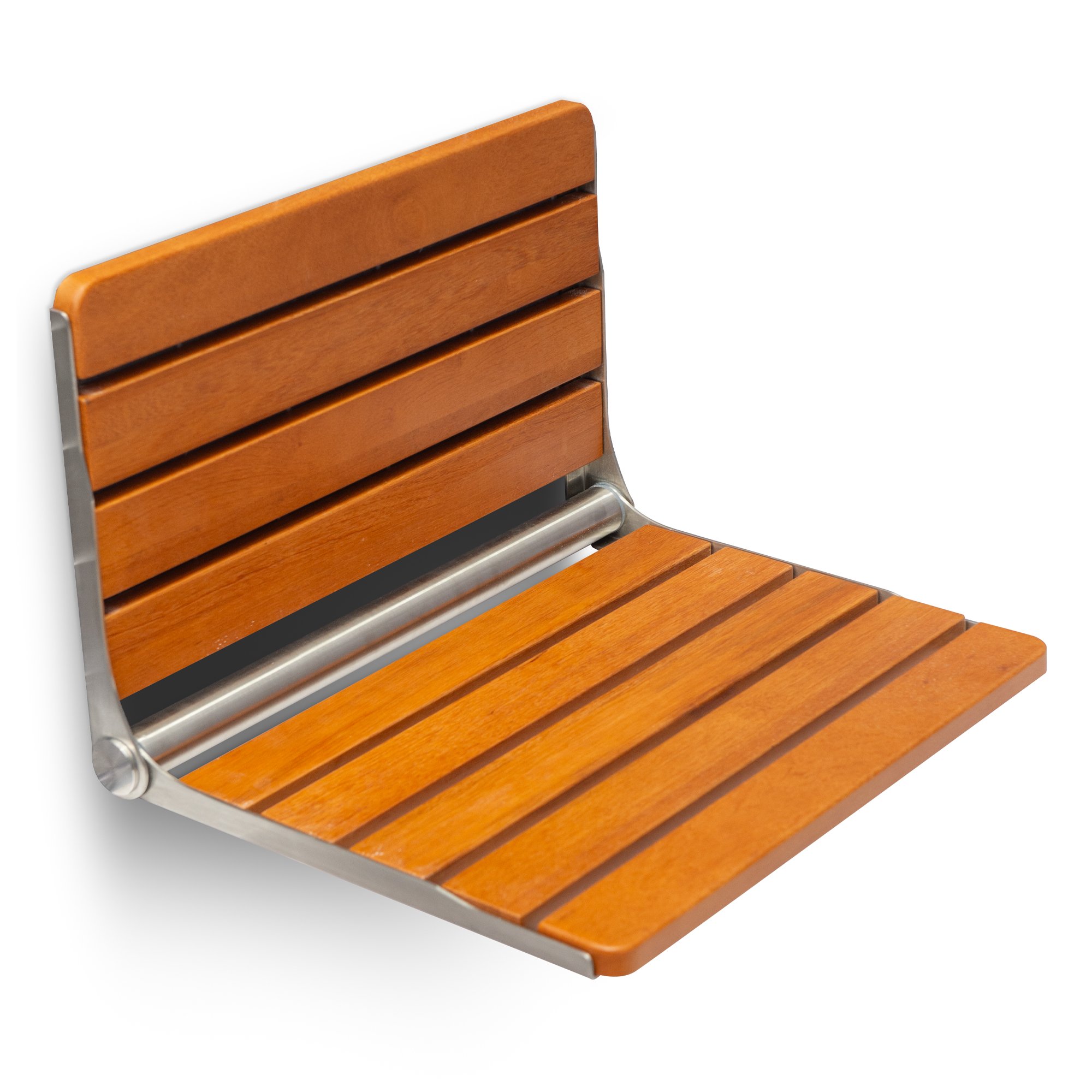 Asiento de ducha abatible de teca Ella con estructura de acero inoxidable, mostrado abierto en la pared