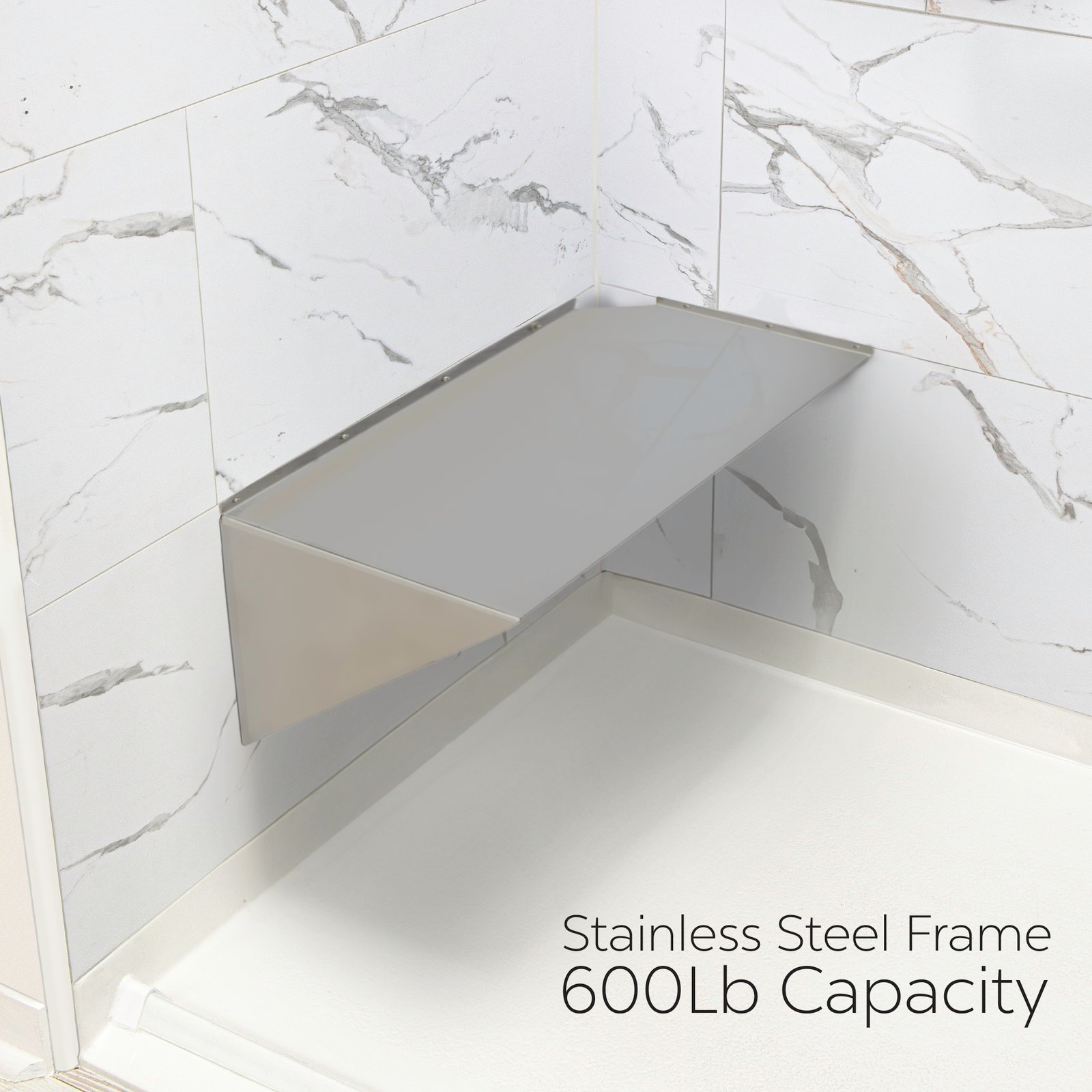 Bariatric Corner Shower Rectangular Seat, Heavy Duty Oversized, Stainless Steel Frame 600 Lbs Capacity - Wall-mounted stainless steel frame corner shower seat with 600lb capacity installed against marble tile walls