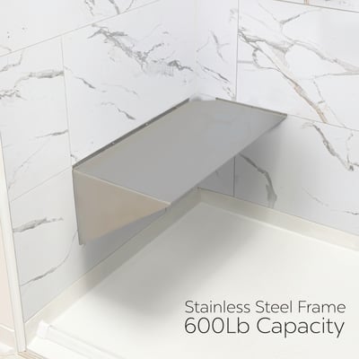 Siège de douche d’angle mural avec cadre en acier inoxydable et capacité de 600 lb, installé contre des murs en carrelage de marbre