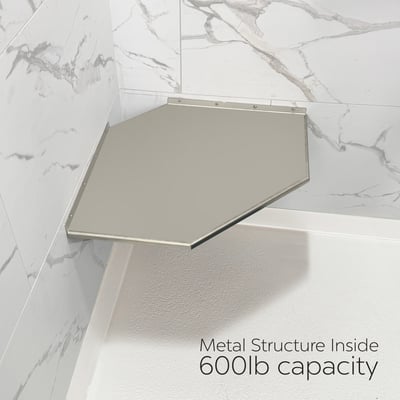 Corner-mounted stainless steel shower seat with 600lb metal structure capacity installed in accessible shower stall corner